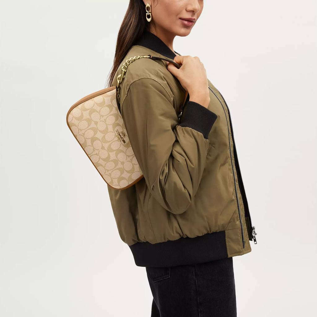 Coach Signature Canvas Leather Trim Convertible Crescent Shoulder Bag for Daily Use