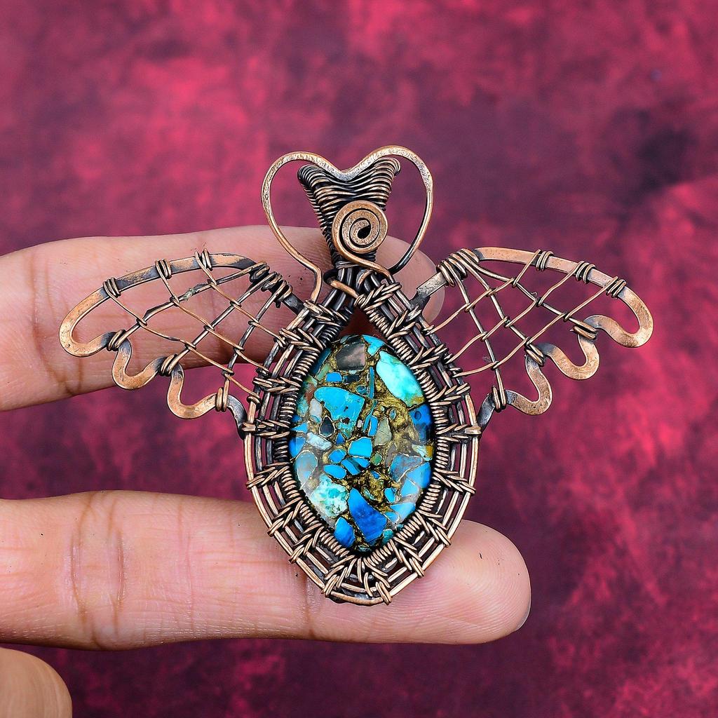 Copper Chrysocolla Pendant Copper Wire Wrapped Butterfly Pendant Gemstone Jewelry