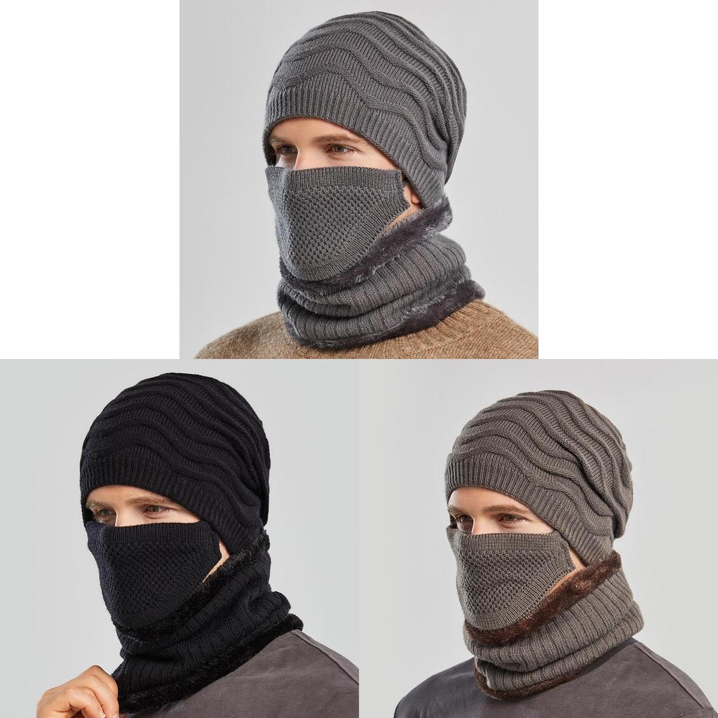 Knitted Hat Men Winter Warmth Windproof Cap Scarf Threepiece Set For Commuting
