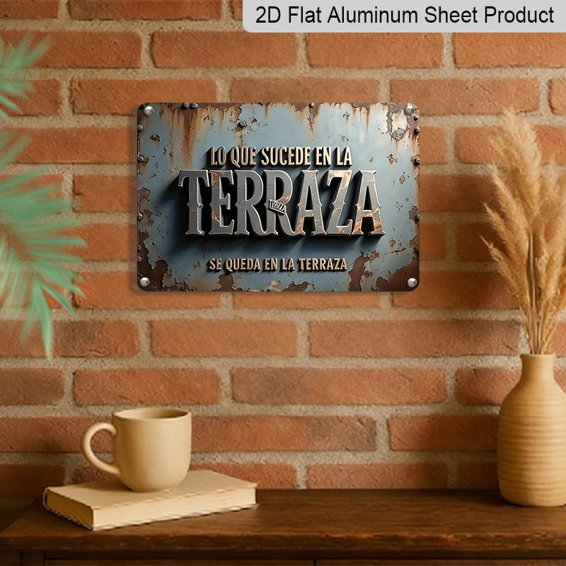 2D Flat, 1pc Vintage Spanish Terraza Plaque - Rustic Patio Decor Sign with Spanish Text, Dark Teal & Rust Colors - Aluminium Wall Hanging Decoration