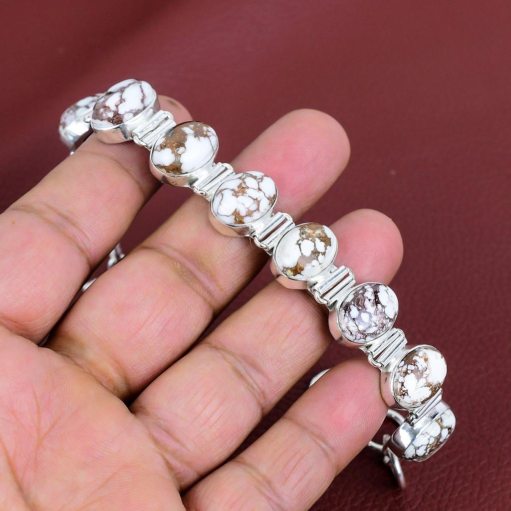 Wild Horse Magnesite Bracelet Natural Gemstone Jewelry Handmade Bracelet 925 Sterling Silver Bracelet Adjustable Chain Bracelet Gift for Mom