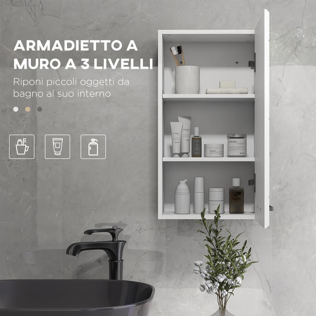 Wall-mounted MDF bathroom cabinet with 3 shelves and an adjustable top shelf. 37x22.5x70cm. White