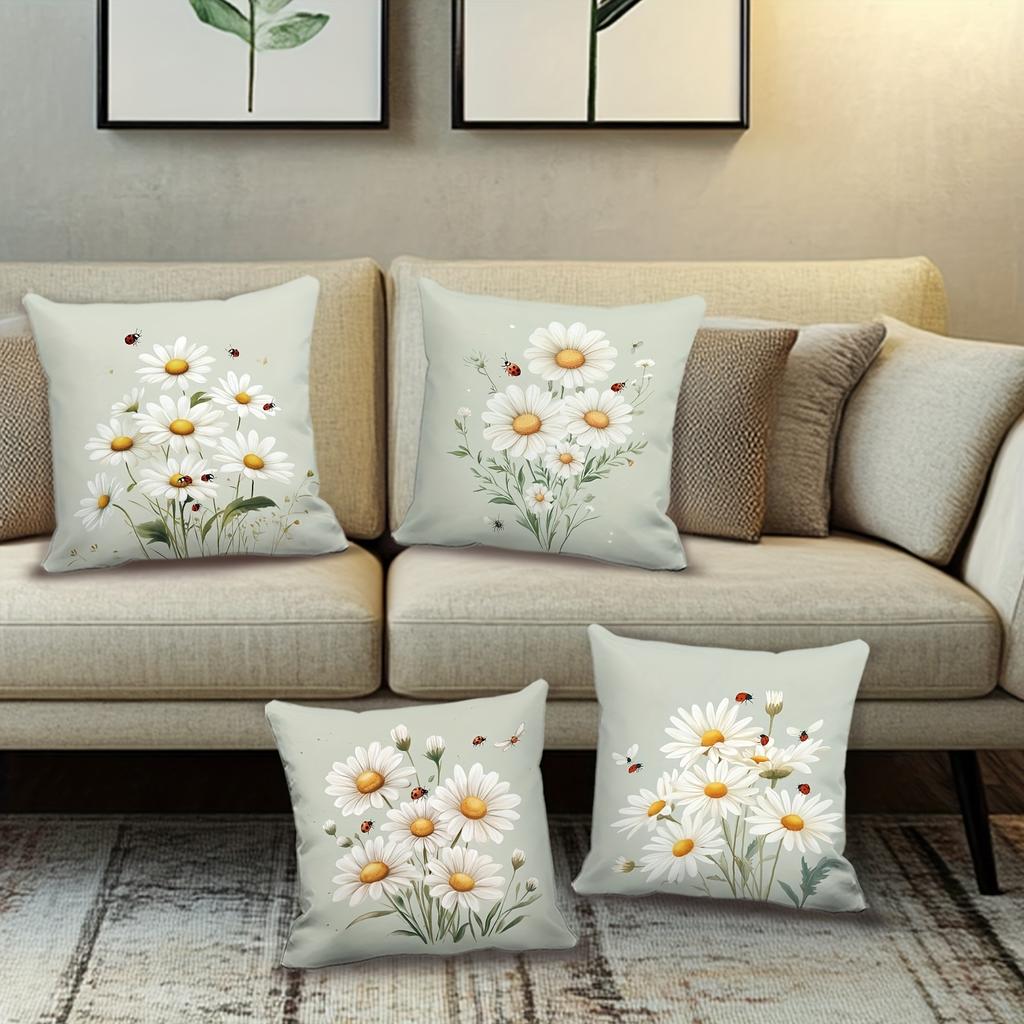 4 Pack Cushion Covers 45X45Cm Botanical Daisy Print With Ladybirds And Insects On Soft Sage Green For Living Room Decor