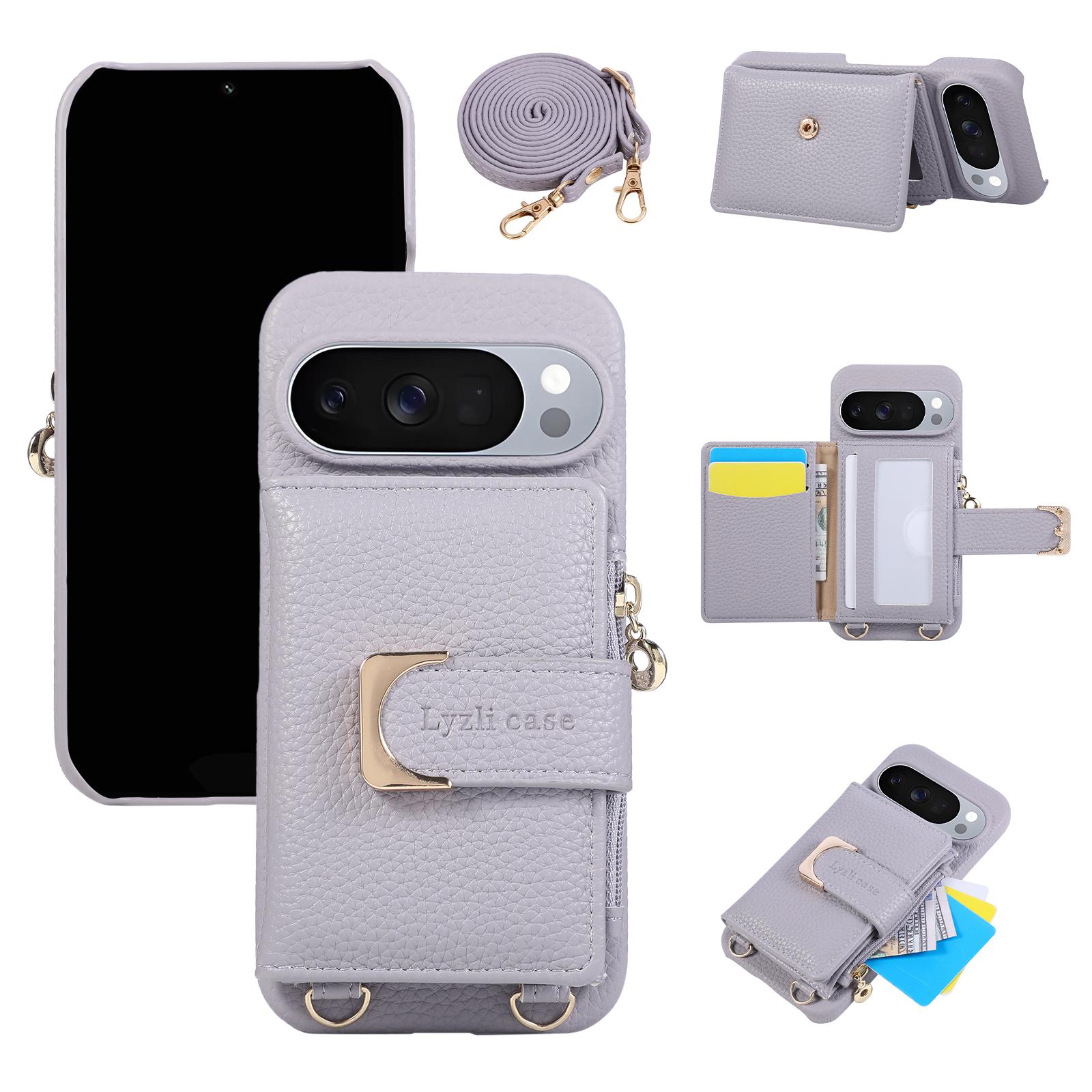 Business Umhängetasche Reißverschluss Kartensteckplatz Geldbörse Leder Handyhülle Für Google Pixel 10 Pro XL 9A 9 8 8A 7A 7 Langes Lanyard Tasche Hülle Google Pixel 8 licht lila