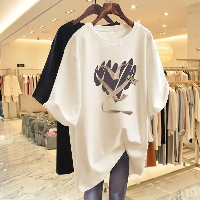 

Women s White Oversized T-Shirt Heart Pattern Loose Short Sleeve Casual Top M абрикосовий