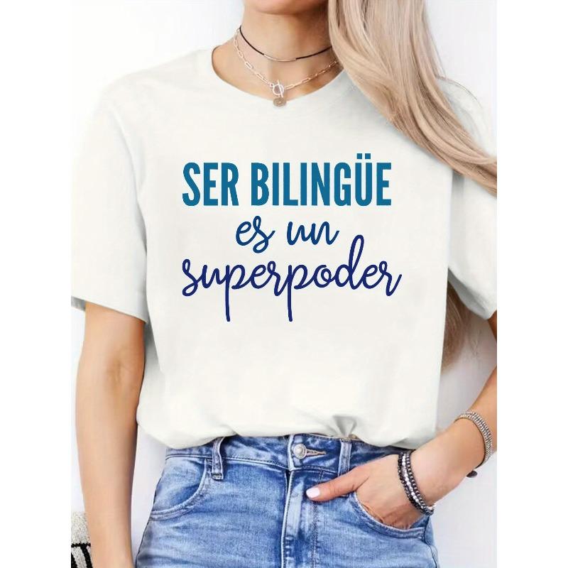 Women's Spanish Alphabet - Print T-Shirt - Spanish Language Learning, Casual Short Sleeve Round Neck Blouse for Spanish Class & Casual Attire