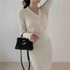 Women Knitted Dress Long Slim Autumn and Winter V-neck Pack Hip Sweater Skirt Vertical Stripes Hip Skirt Formal