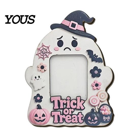 Seasonal Table Centerpieces Halloween Wooden Photo Frame, Cute Ghost Pumpkin Picture Vertical Display Stand Rustic Festive Holder for Holiday