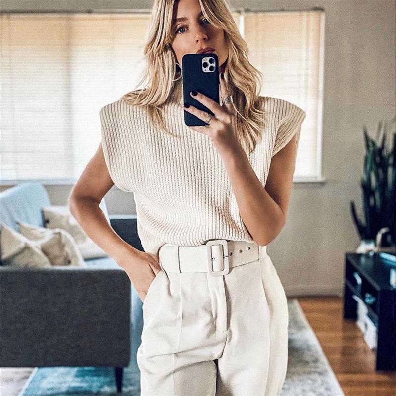Pevný stojatý golier Pletená vesta s krátkym rukávom Office Lady All Match Fashion Vesta Košeľa Voľné Elegantné rovné topy