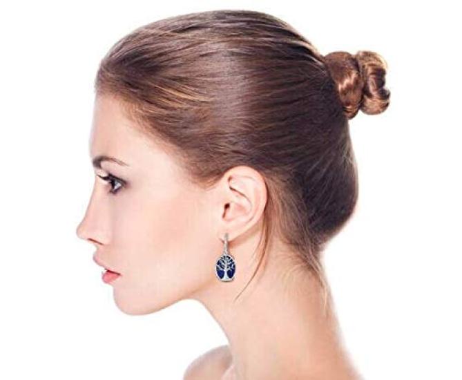 Large Oval Gemstone Blue Lazuli Leverback Family Tree of Life Dangle Earrings Western Jewelry for Women Sterling Silver .925