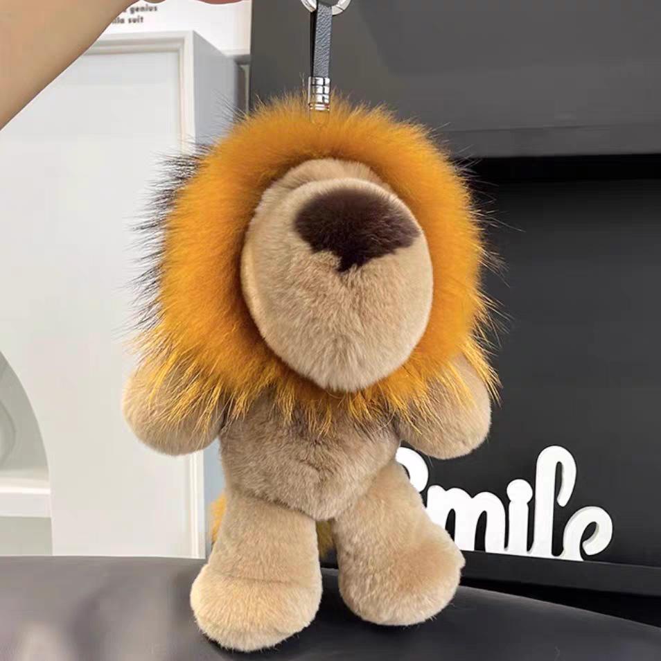 Genuine Rex Rabbit Fur Lion Plush Doll - Cute Children's Toy and Hanging Ornament