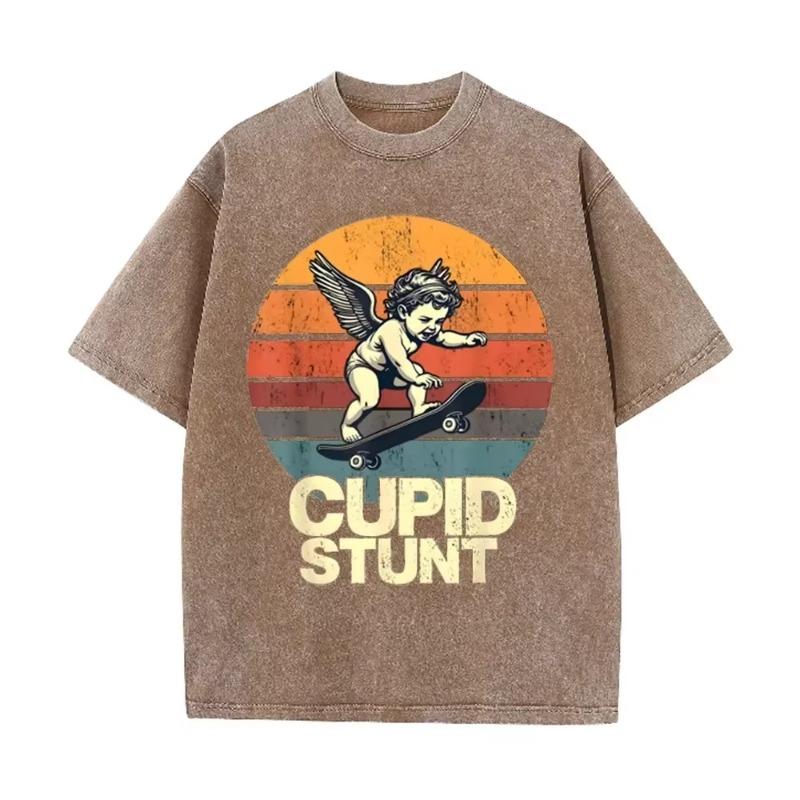 T-shirt Oversize Délavé Acide Graphique Skate Rétro Beige « Cupid Stunt »