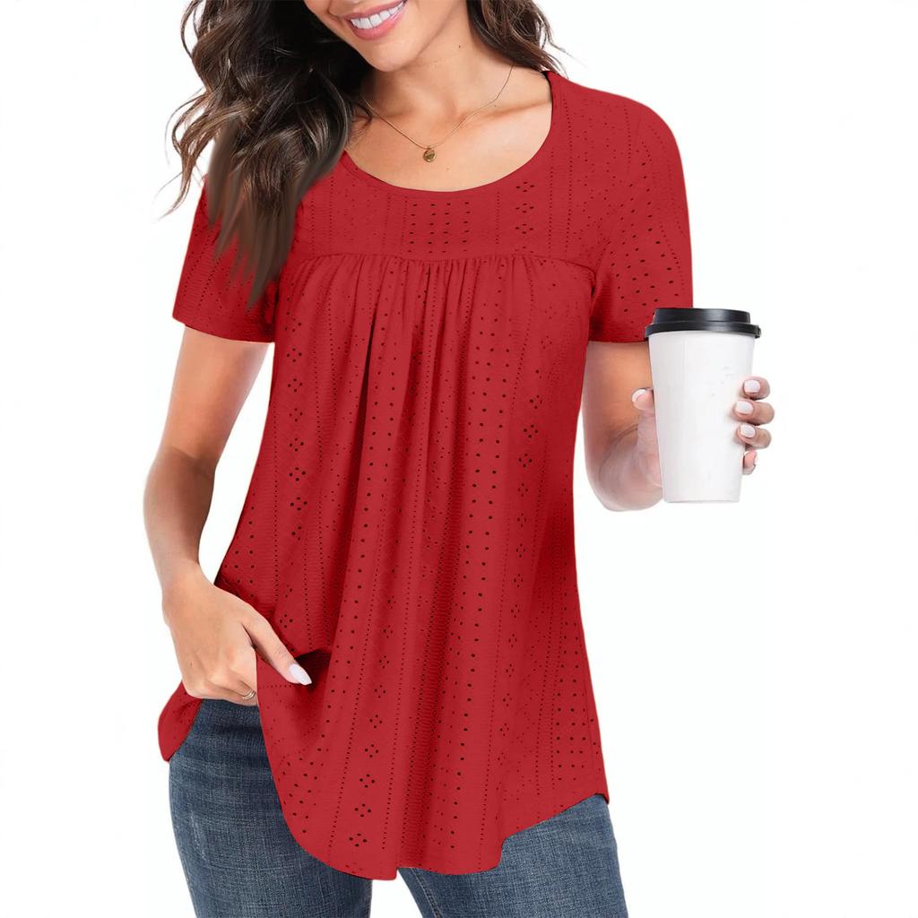 Women Casual Hollow Out Short Sleeve T Shirt Round Neck Loose Fit Lightweight Breathable Summer Top