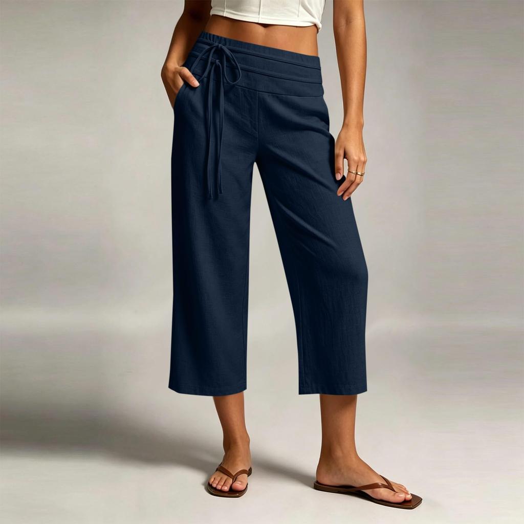Women Casual Wide Leg Cropped Pants Elastic Waistband Drawstring Loose Fit Capri Trousers Lightweight Breathable Fabric
