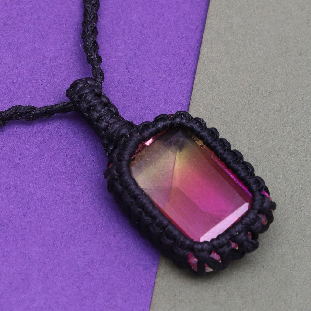Macrame Necklace Handmade Tourmaline Natural Bohemian Quartz Thread Pendant