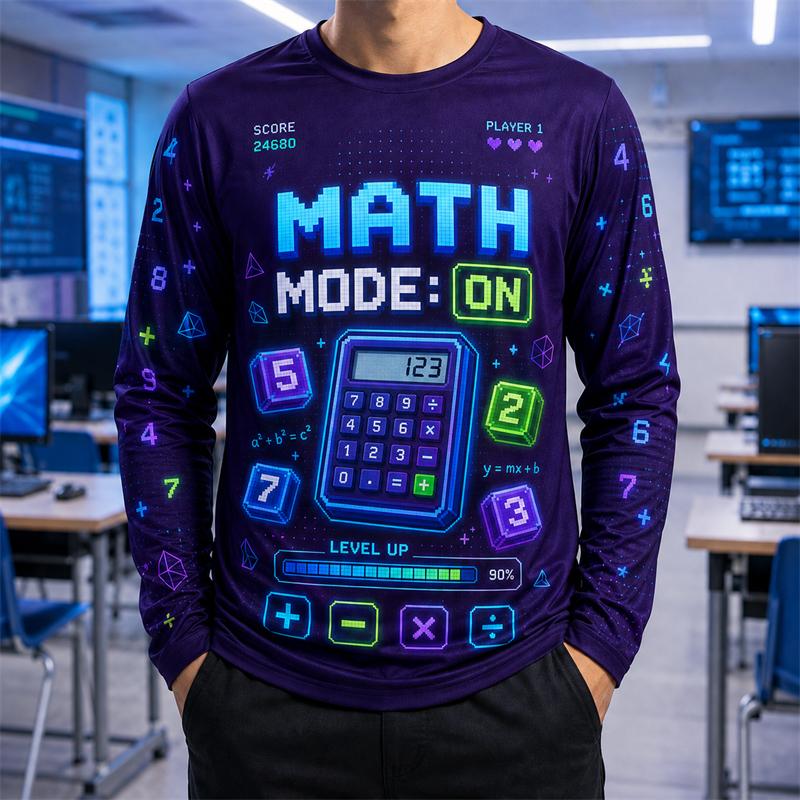 Long Sleeve T Shirt Men Math Mode On Gaming Style Calculator 3d Print Round Neck Tee Back To School Casual New Tops Kids Unisex