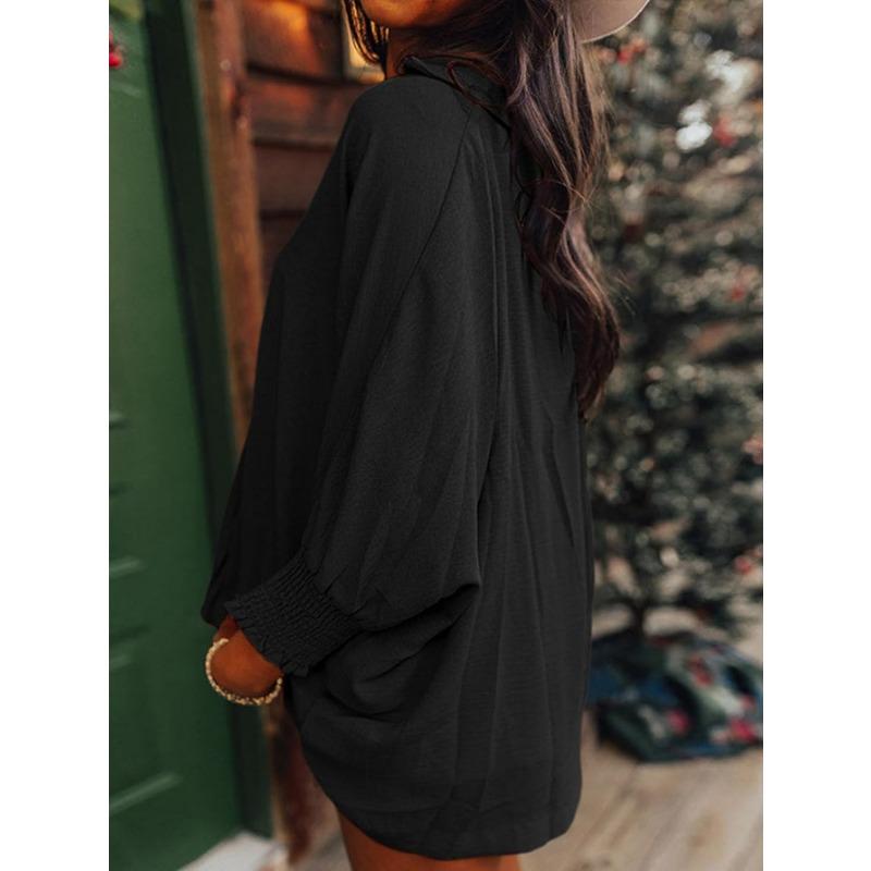 Women V Neck Long Sleeve Smocked Cuff Pleated Casual Blouse
