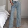 Faux Pearl Jeans for Women High Waist Straight Leg Stretch Denim Pants Casual Wide Leg Beaded Baggy Pants
