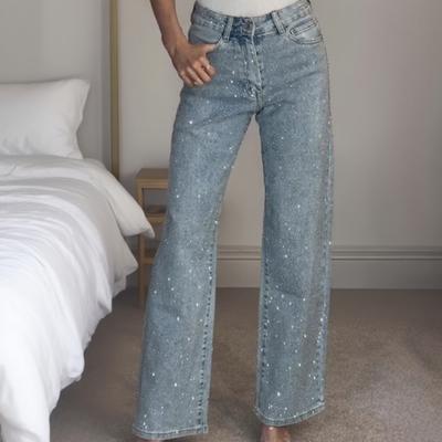 Faux-Perlen-Jeans für Damen High Waist Straight Leg Stretch-Denim-Hose Lässig Weites Bein
