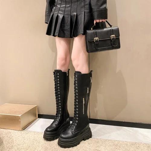 Móda Dámské silné podpatky Motocyklové vysoké boty Nové zimní 11CM robustní jezdecké boty PU kůže Rytířské boty Dámské zipové vysoké boty po koleno Botas
