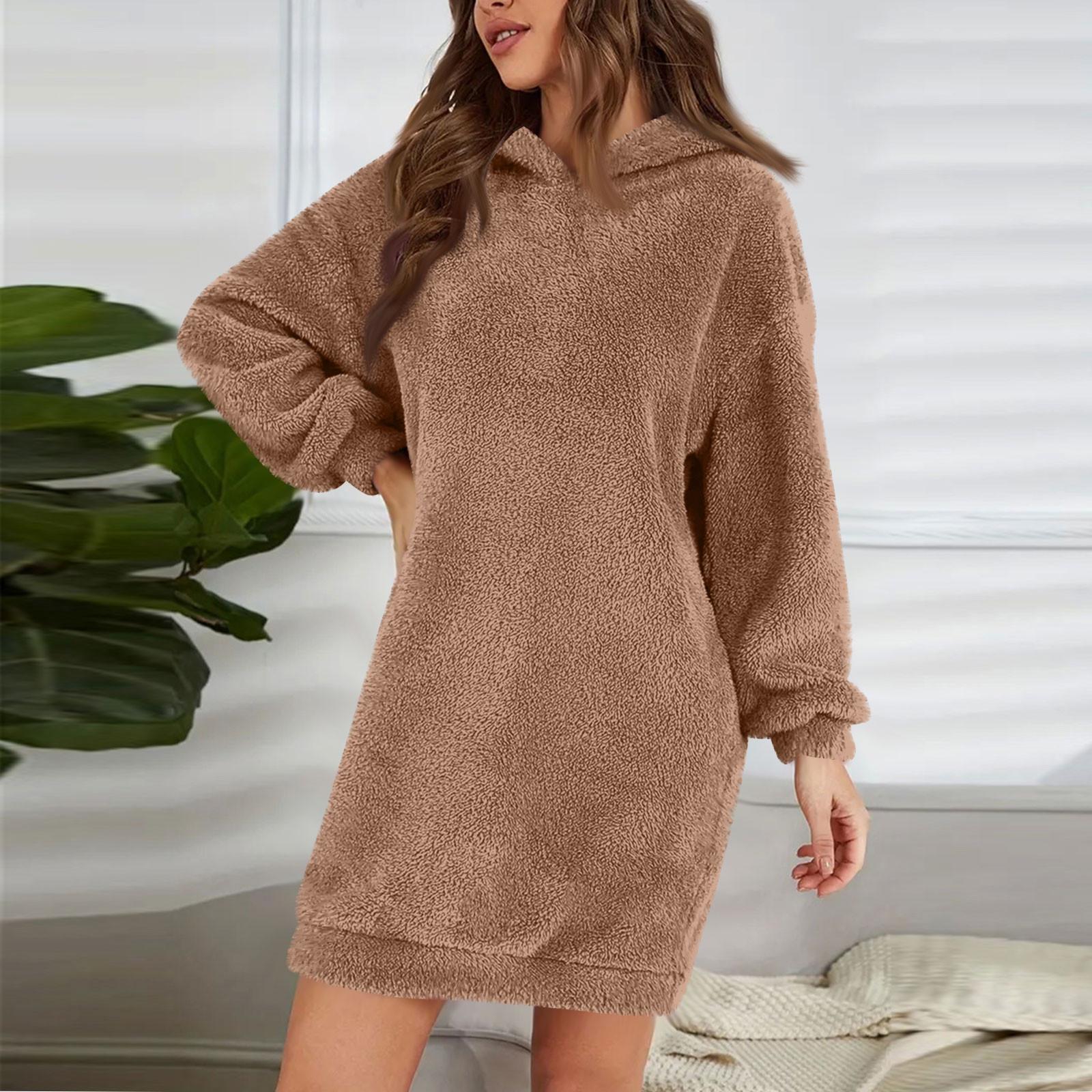 

Женское модное однотонное плюшевое платье с капюшоном и длинными рукавами, свободная повседневная толстовка XXXL верблюд