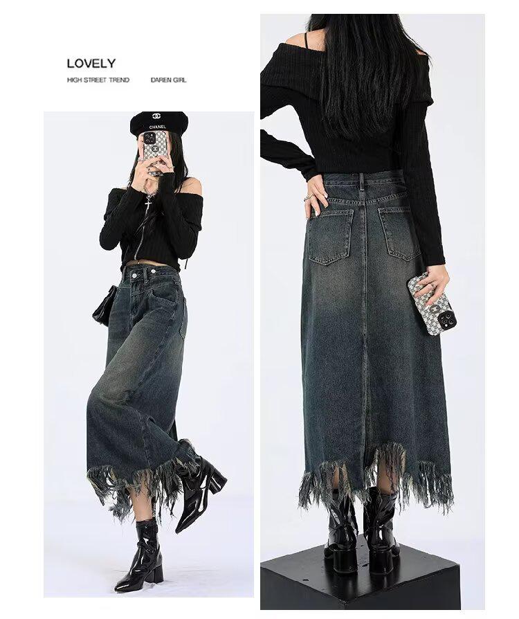 Women's High-Waisted Denim Midi Skirt, Autumn 2025: Slimming A-Line with Split, Fringe, and Hip-Hugging Design