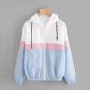 Womens  Long-sleeved Hooded Zipper  Stitching Contrast Color Windbreaker Coat