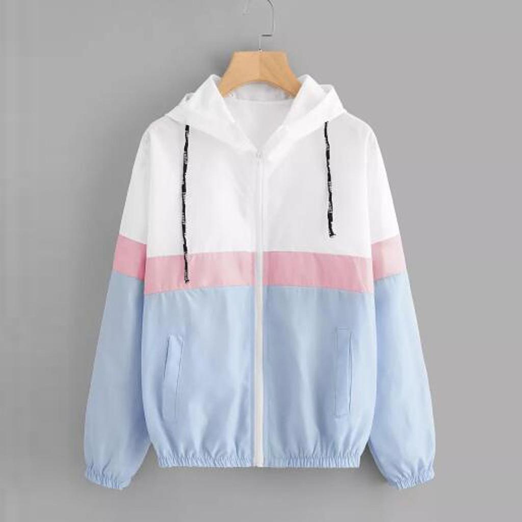 Womens  Long-sleeved Hooded Zipper  Stitching Contrast Color Windbreaker Coat