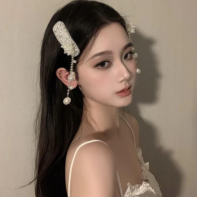 Elegant Pearl Tassel Hair Clips Women's Minority Ethnic Style Hair Accessories Full Diamond Side Clip Headwear