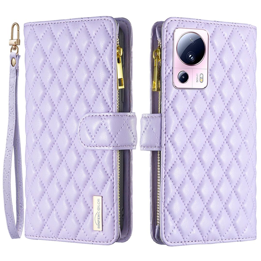 

BINFEN COLOR BF Style-15 for Xiaomi 13 Lite/Civi 2 5G Zipper Pocket PU Leather Wallet Case Phone Stand Cover Purple