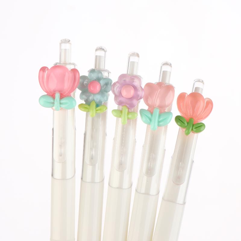 5/10Pcs Cute Sweet Tulip Flower Gel Pens Quick-Dry Ballpoint Pens 0.5Mm Black Ink Pen Office School Stationery Supplies