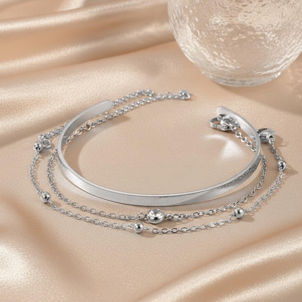 3pcs of Stacked Golden Bracelet Set Smooth Cuff Bead Single Crystal Dainty Layer Wrist Jewelry for Women