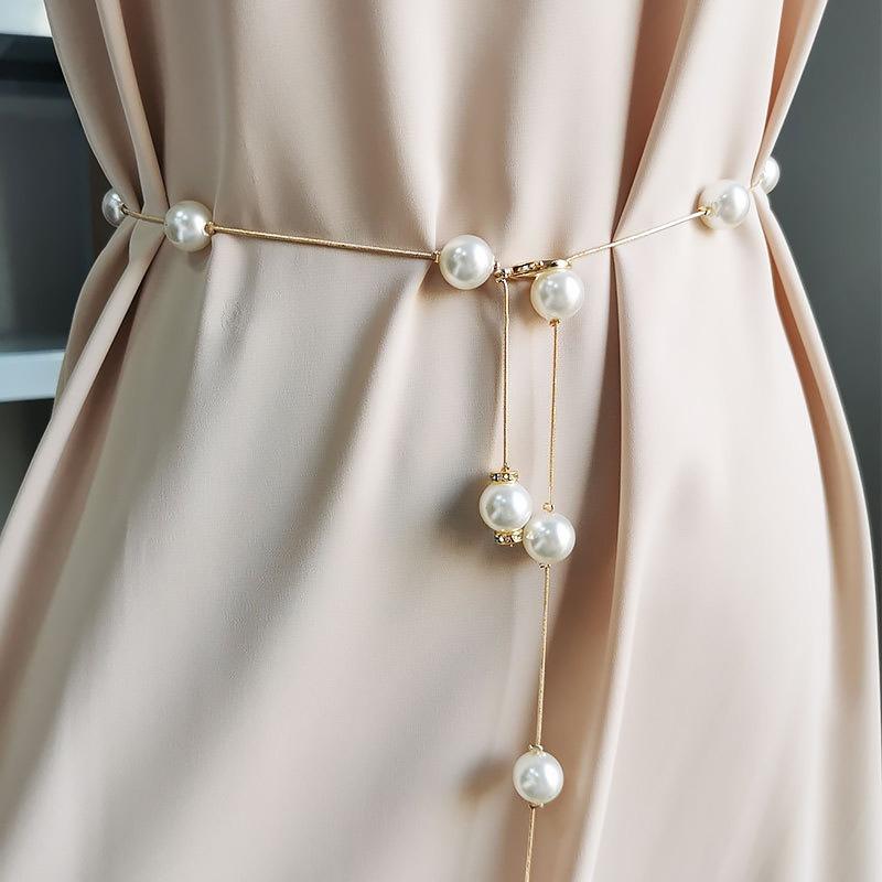 European and American jewelry fashion imitation pearl fringed waist chain women's simple dress decorative belt waist accessories