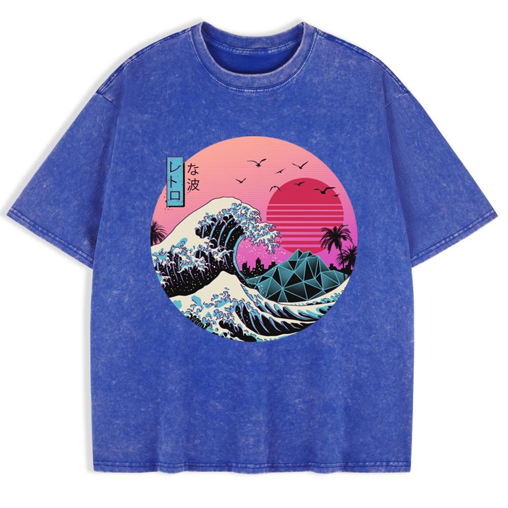 Japan Waves Printed Washed T-Shirts Mens Cotton Oversized T Shirt Summer O-Neck Short Sleeve Tops Basic Soft Clothes
