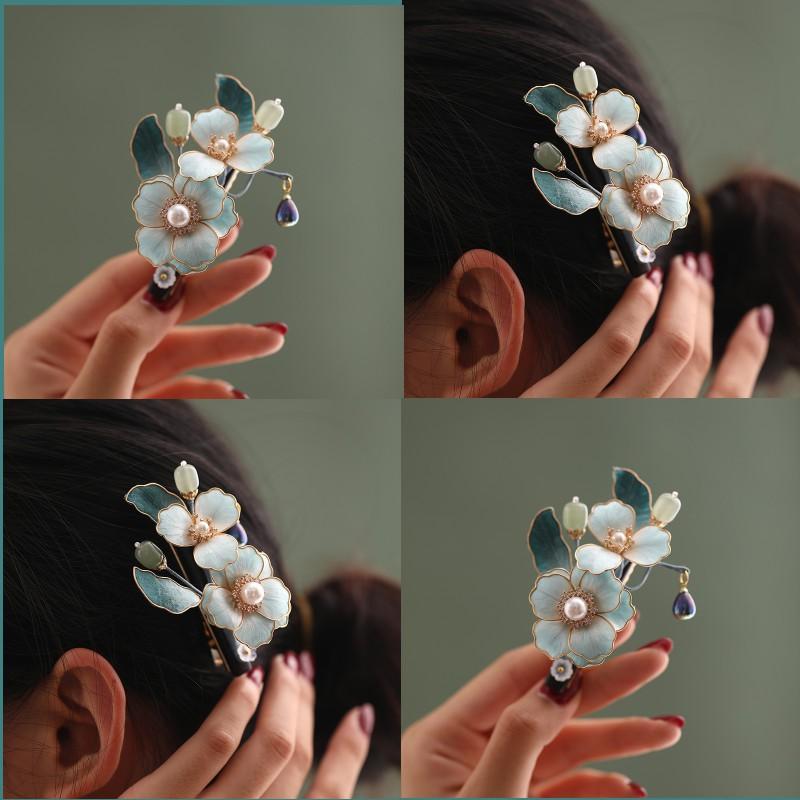 Handmade Chinese Style Silk Velvet Flower Hair Clip Women Side Bangs Decorative Accessory