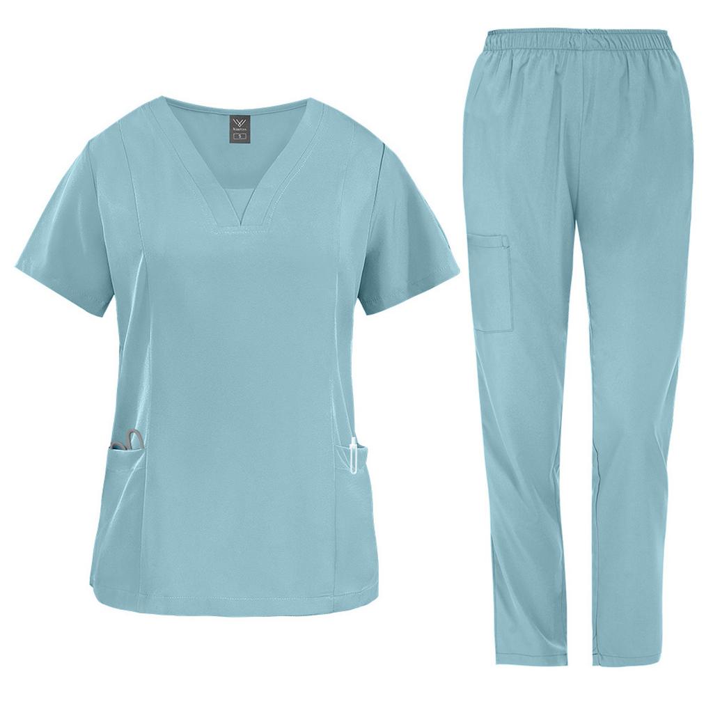 Women's Fashion Short Sleeve V Neck Pattern Tops Pocket Working Set