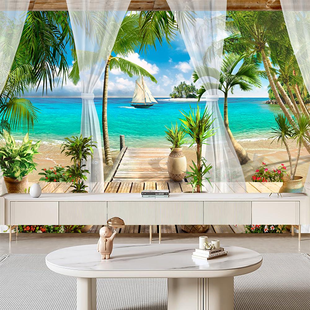 Tropical Sea Wall Mural Beach View Wallpaper Blue Ocean Island Palm Trees Mural