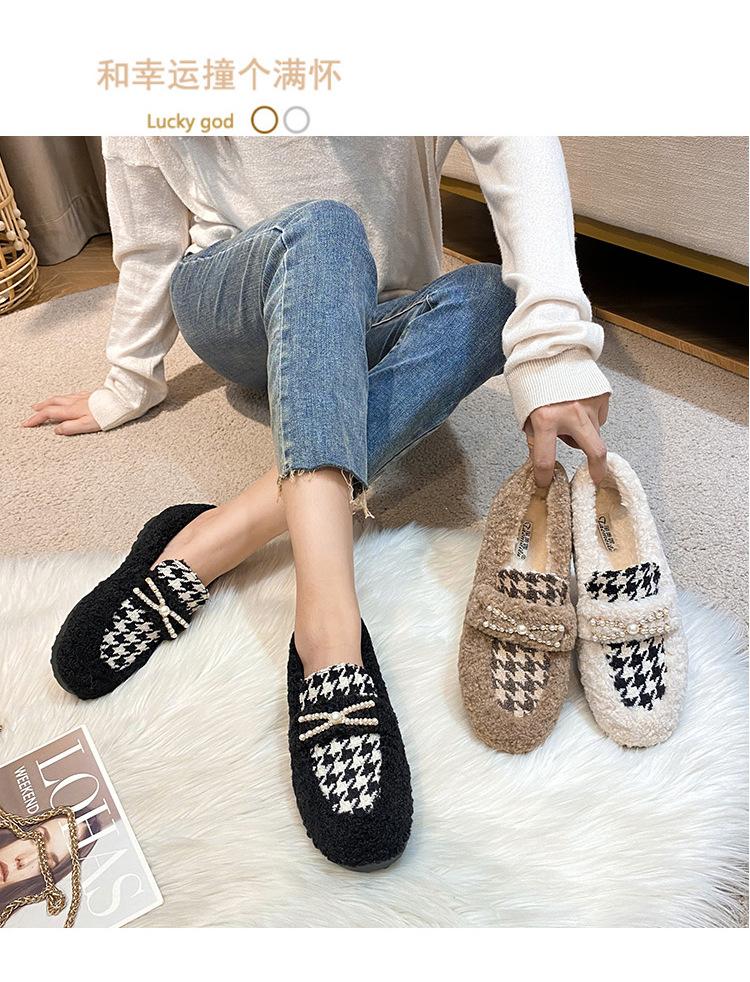 Winter Women Shoes Short Boots Houndstooth Casual Boat Bootie Ladies Plush Slip-on Loafers