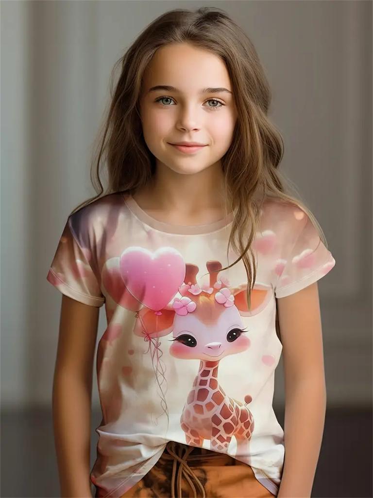 Girl Clothes Cute Animals 3D Print Casual Crew Neck Short Sleeves Graphic T Shirts Children's Clothing 2-10Y for Animals Lover