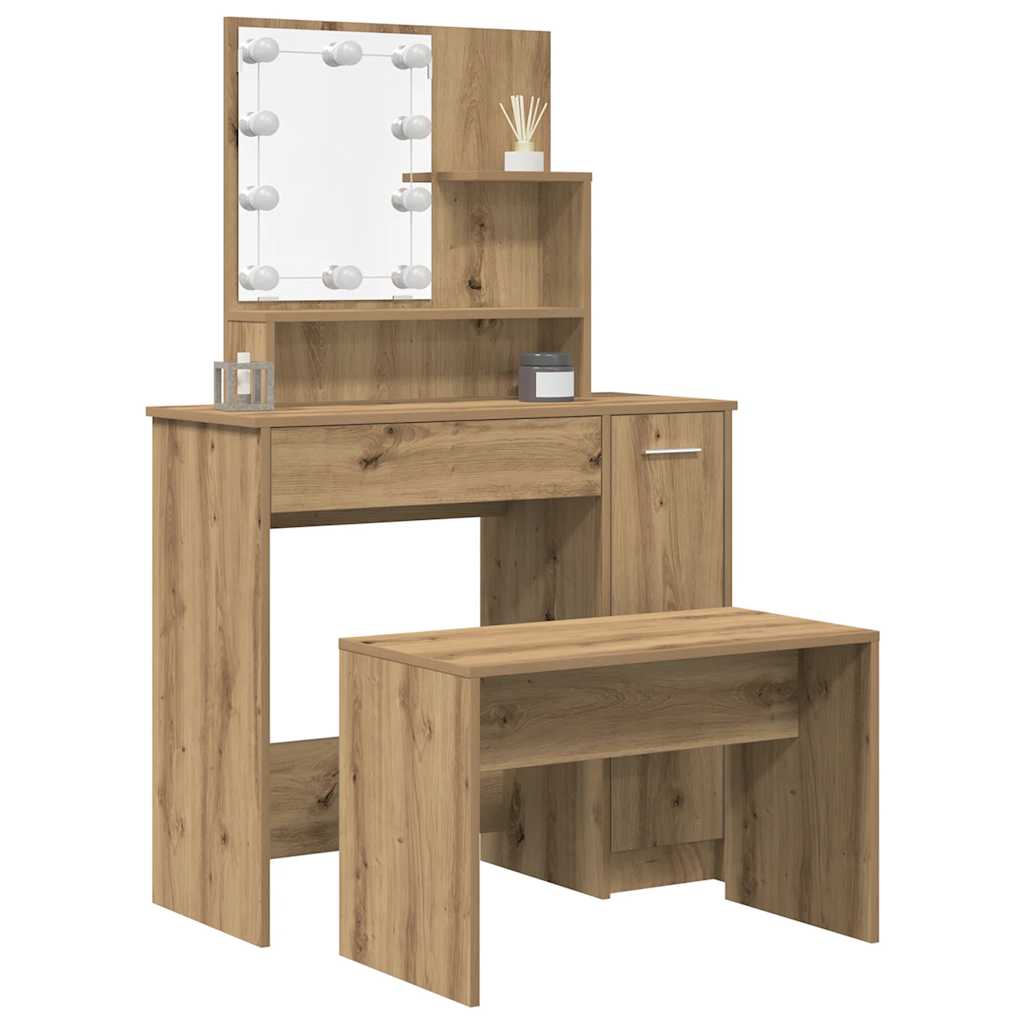Makeup Table Set with LED Lights Rustic Wood Look Engineered Wood