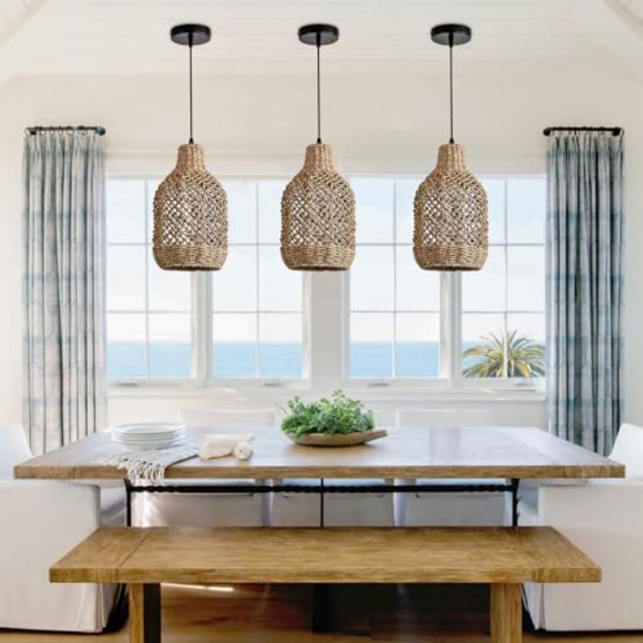 

Mini Rattan Pendant Lights Set of 3 Boho Wicker Hanging Fixtures 7.9 Seagrass Rattan Chandeliers for Dining Room Kitchen Island