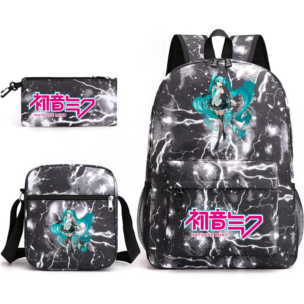 3Pcs/set Anime Cartoon Hatsune Miku Printed Backpack with Shoulder Bag Pencil Case for Teenager Student Boy Girl Large Capacity Waterproof Schoolbag