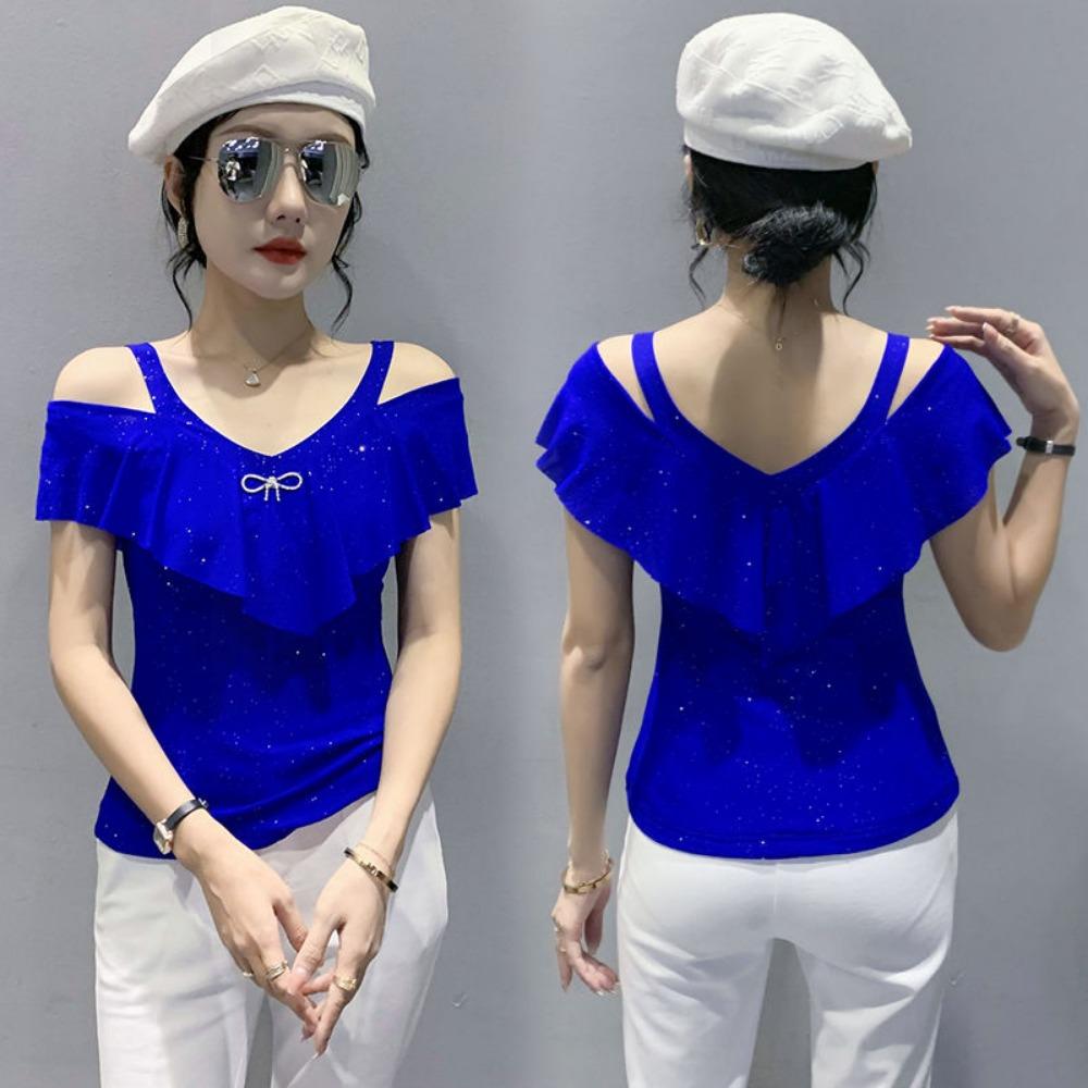 New Summer Sequin V-neck Short-sleeved Thin Slim Mesh Trolley-cut Hollow Off-shoulder T-shirt