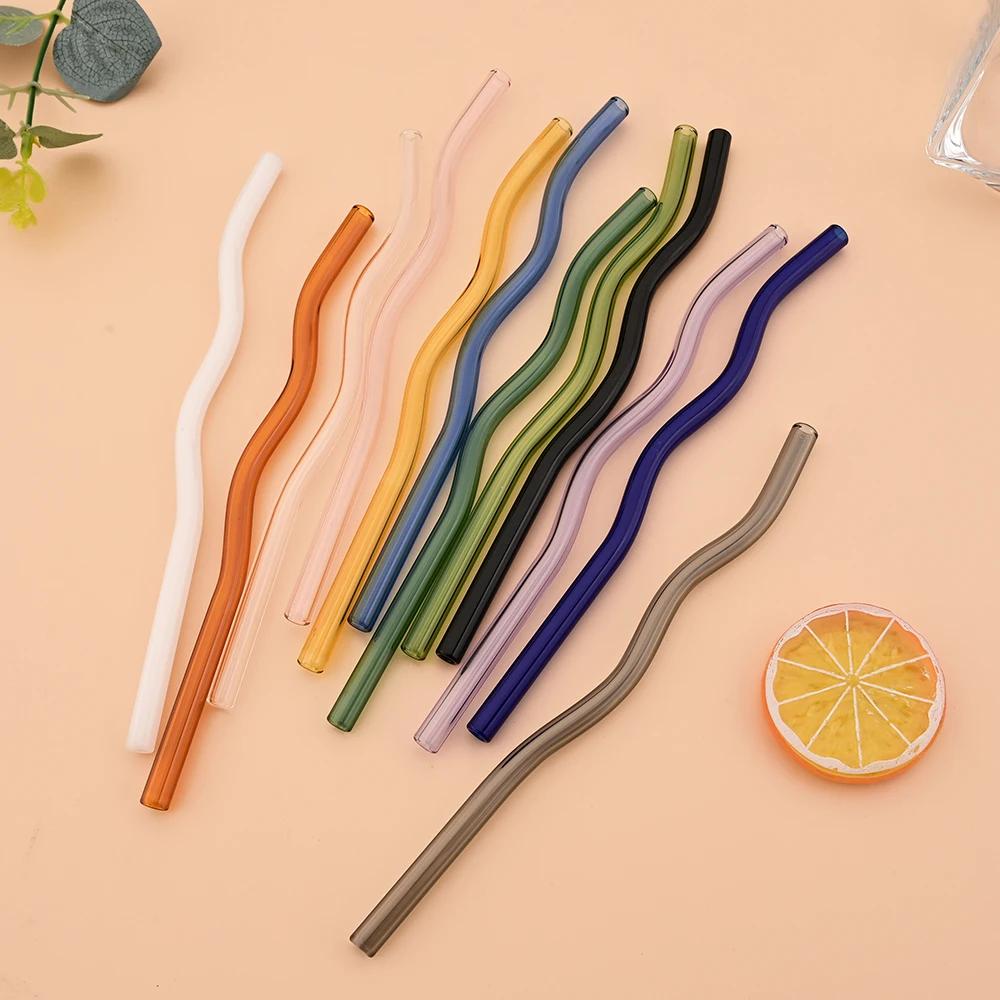 12Pcs Colorful Glass Straws Wavy Reusable Drinking Straws Eco-friendly Straws for Drinks Coffee Milk Tea Straw Barware