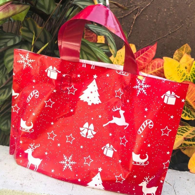 10 Red Plastic Christmas Gift Bags - Durable Holiday Tote Bags Perfect for Christmas, New Year, Valentine's Day