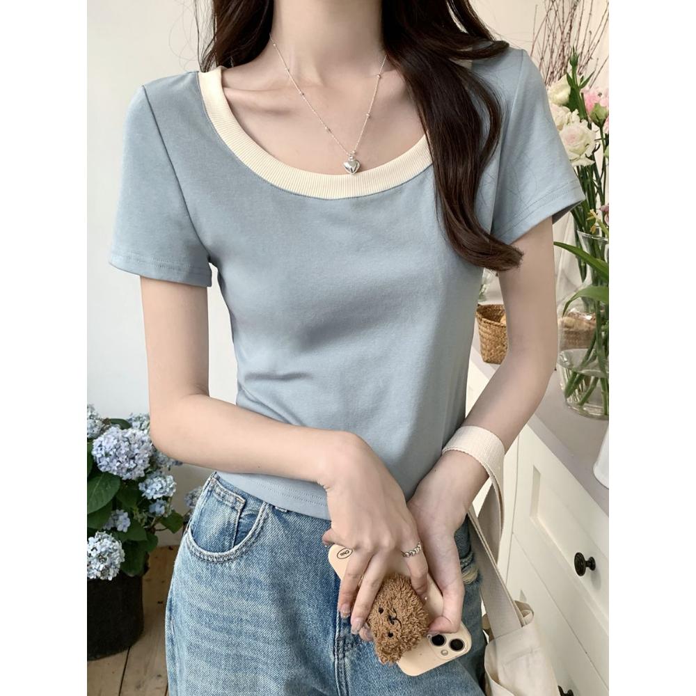 

Контрастная футболка с U-образным вырезом, короткими рукавами и открытыми плечами для женщин, летняя новинка, футболка из чистого хлопка, облегающий короткий топ XXL синий