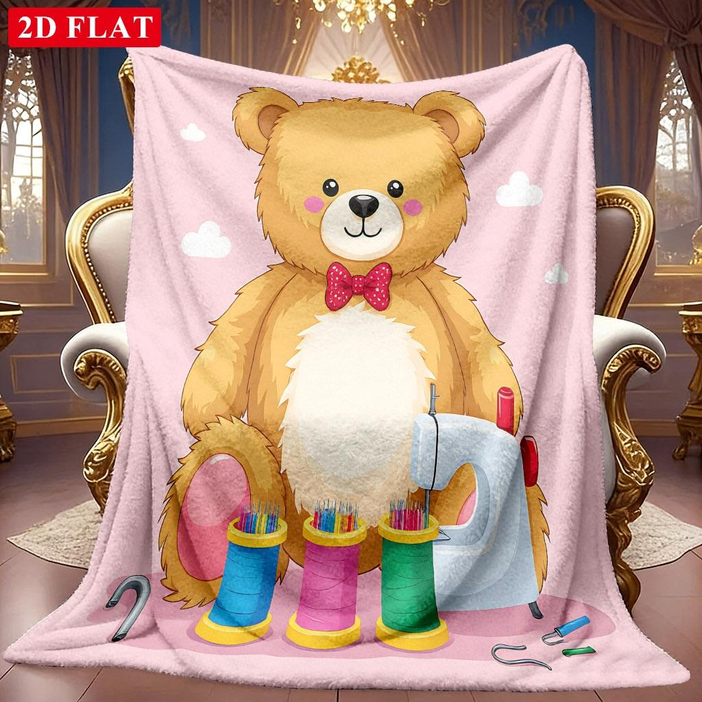 A 2D Teddy Bear Sewing Scene Themed Flannel Blanket, Featuring Soft High-definition Digital Printing, a Cooling Blanket Suitable for All Seasons! Soft