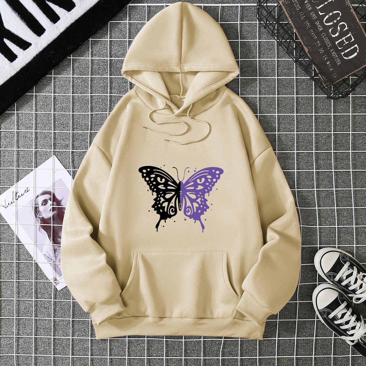 

Top Casual Soft Women Hoodie White and Purple Butterfly Personality Funny Women Fashion Wool Hoodie Loose Sports Shirt M