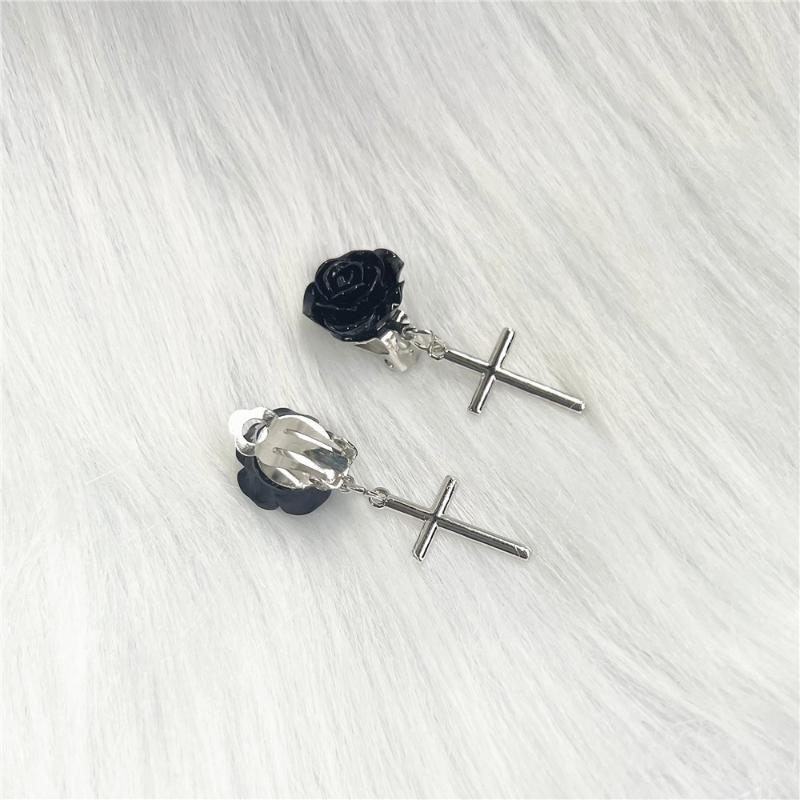 Gothic Black Rose Earrings Silver Religious Cross Pendant Earrings