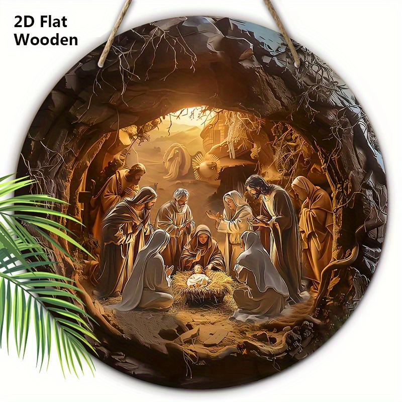 

Винтажная деревянная табличка «Сцена Рождества», круглая табличка «Иисус родился в пещере» для декора на дверь, стену, идеальный рождественский подарок 20cm/7.87in коричневый